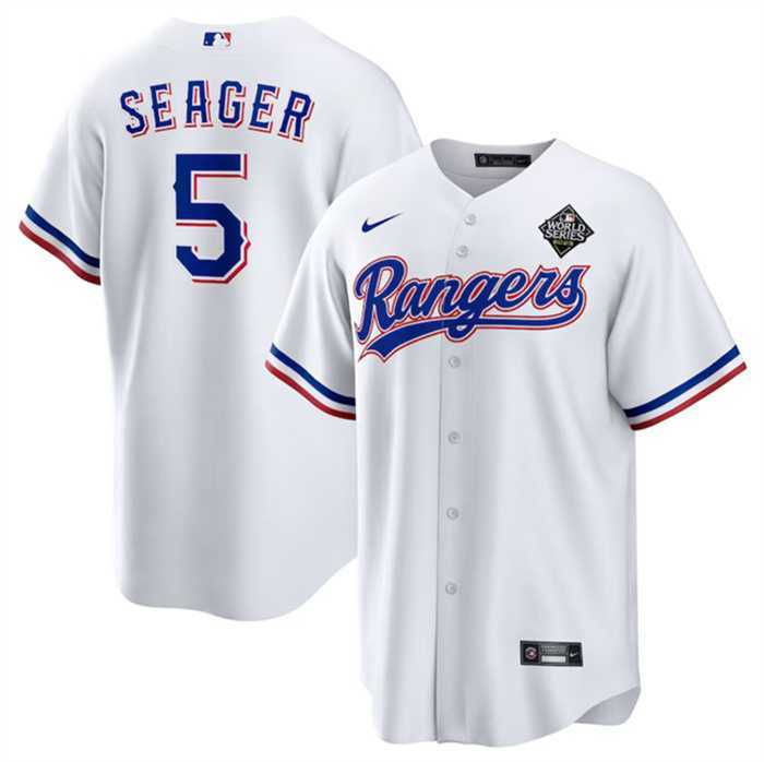 Men%27s Texas Rangers #5 Corey Seager White 2023 World Series Stitched Baseball Jersey Dzhi